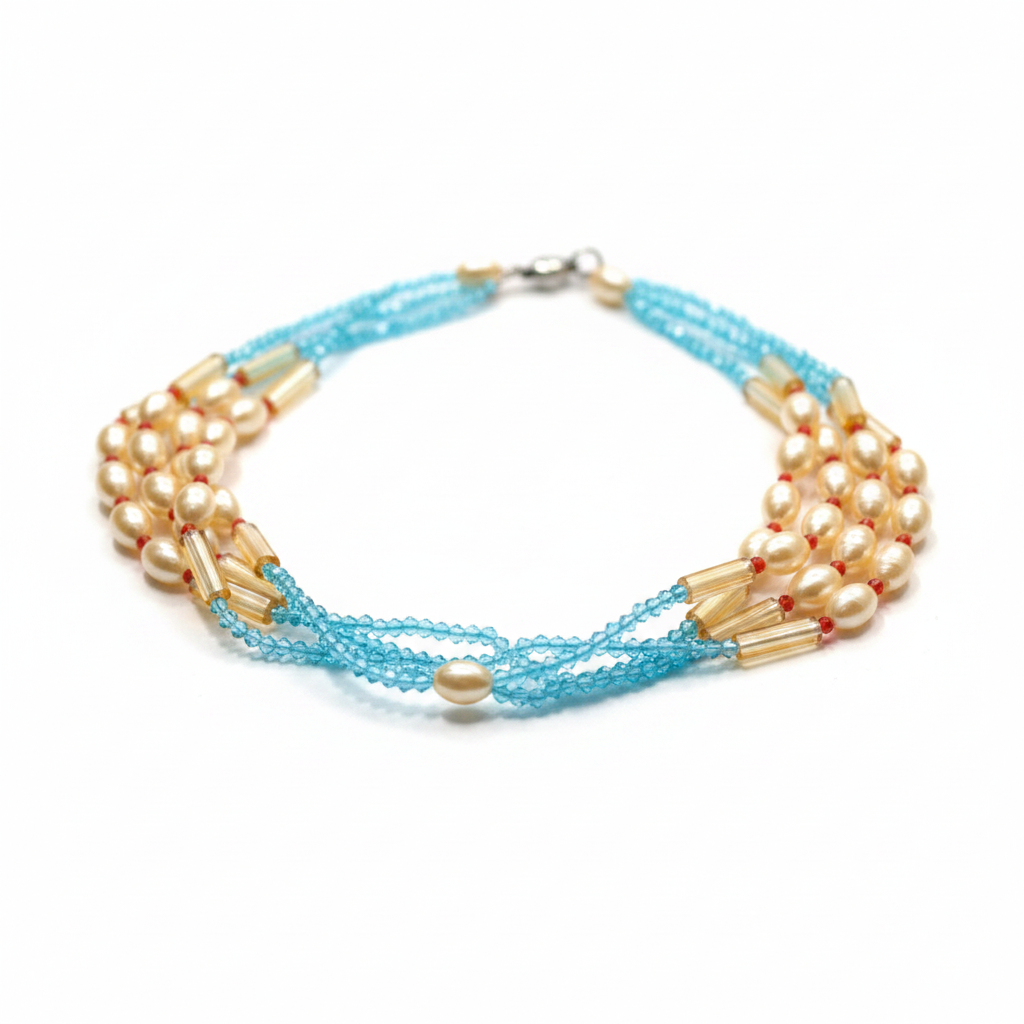 Collier perles crème et bleu